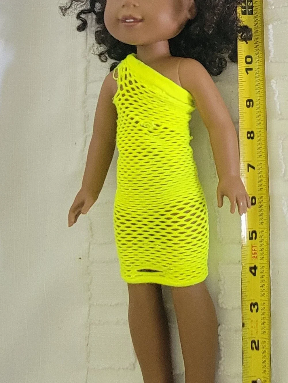 American Girl Doll in Neon Yellow One-Shoulder Mesh Dress